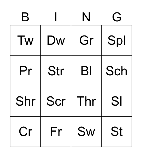 Consonant clusters Bingo Card