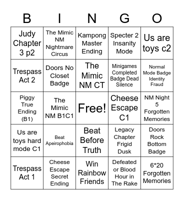 Roblox Horror Game Badge Hunt Bingo Card