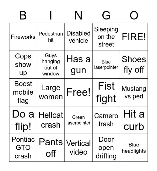 Street takeover Bingo Card