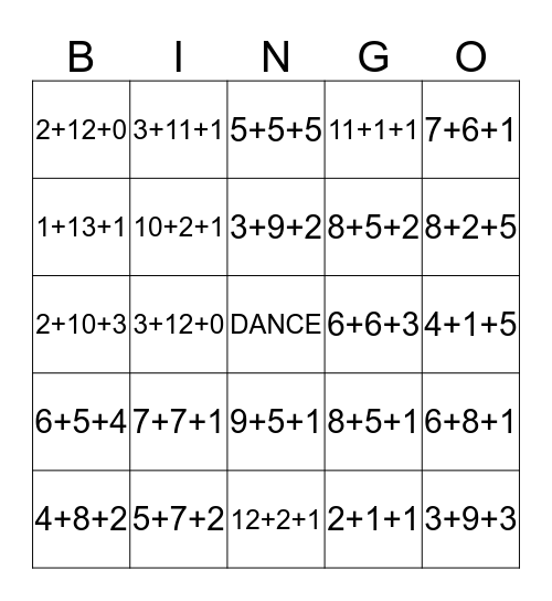 DANCE Math Bingo Card