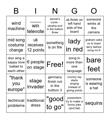 Eurovision Bingo Card