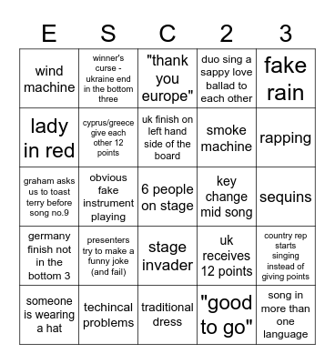 Eurovision Bingo Card