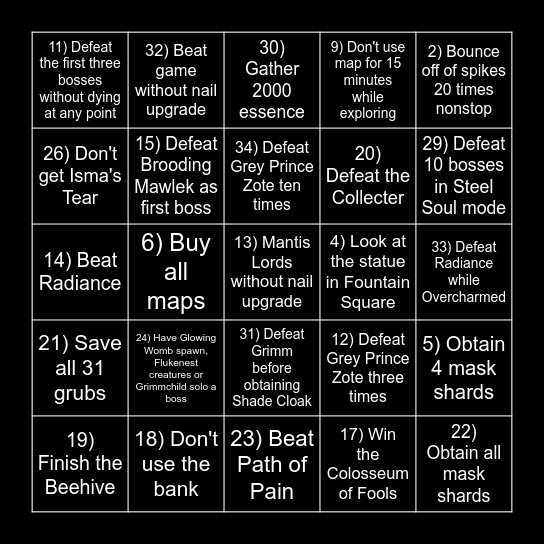 Hollow Knight Example Bingo Card