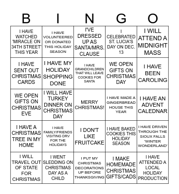 Christmas Experience Bingo Card