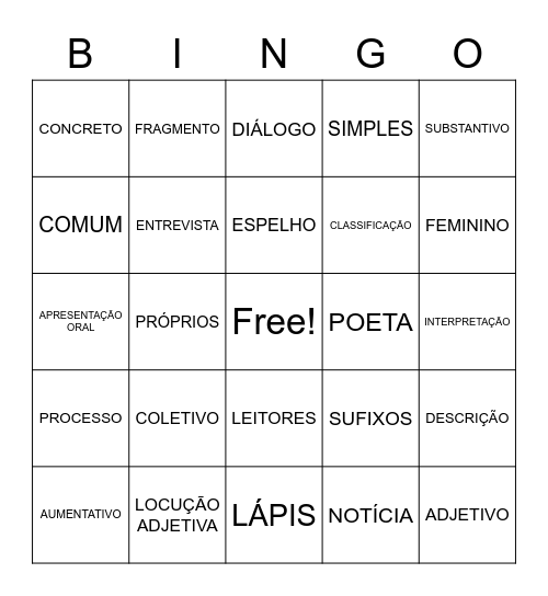 BINGO - 6º ANO - PALAVRAS DOS CONTEÚDOS APRESENTADOS. Bingo Card