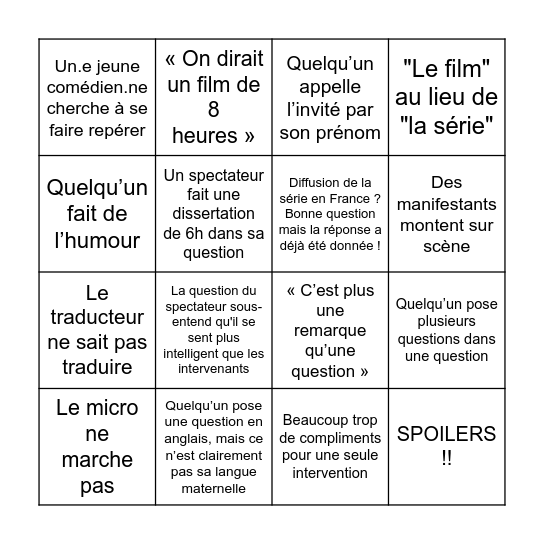 Questions du public - édition Séries Mania Bingo Card