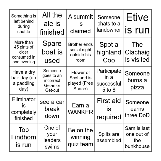 Scotland '23 Trip Bingo Card