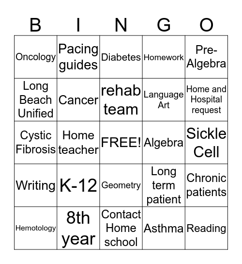 Hospital School Program Bingo Card