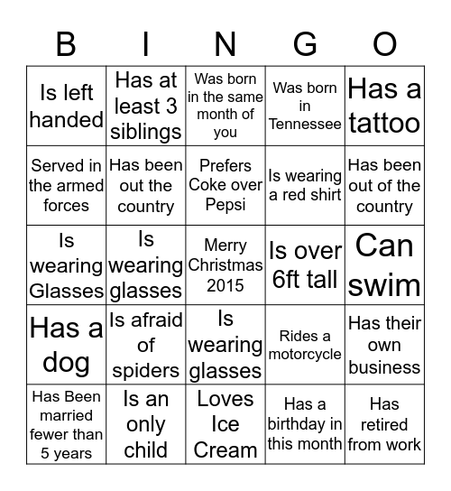Faimly Christmas Bingo Card
