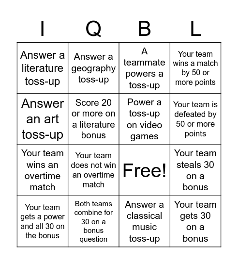 Iowa Quiz Bowl Championships Bingo Card