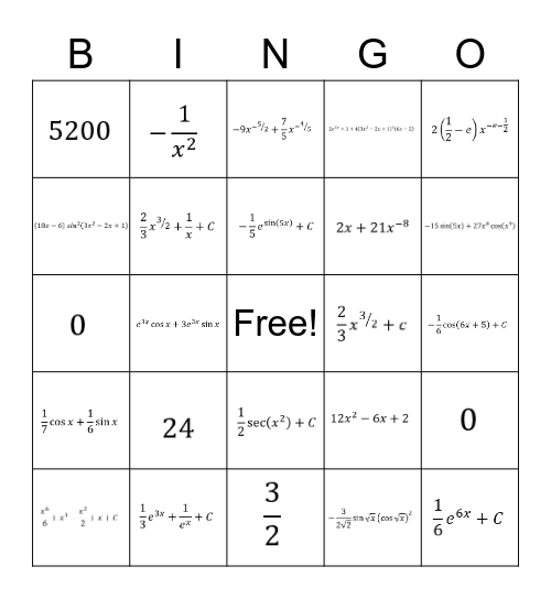 Calculus Review 1 Bingo Card