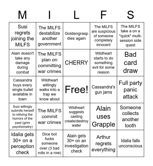 The Mostly Innocent Looking Fortune Seekers Bingo Card