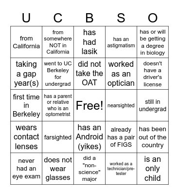 OPTOMETRY BINGO Card