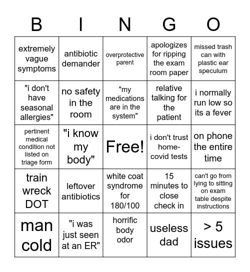 Urgent Care Bingo Card