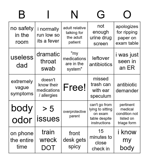 Urgent Care Bingo Card