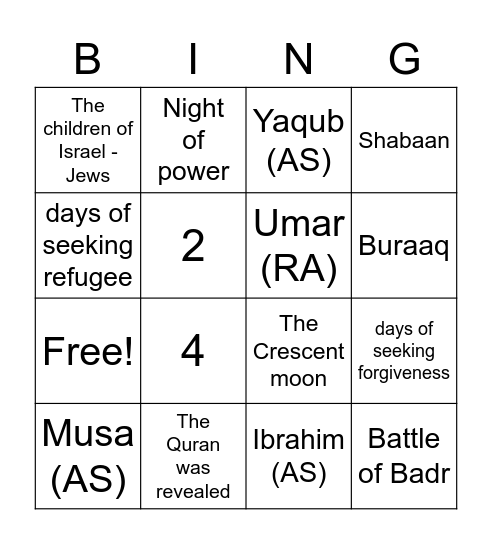 Islamic Bingo Card