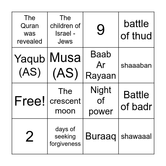 Islamic Bingo Card