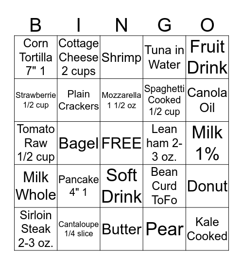 Nutrition Education  Bingo Card