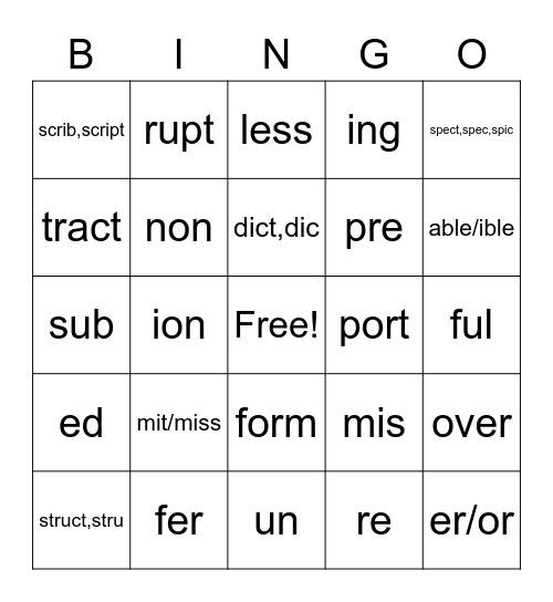 Root - Morpheme 1-10 Bingo Card