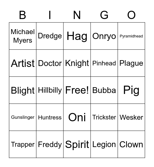 DBD Killers Bingo Card