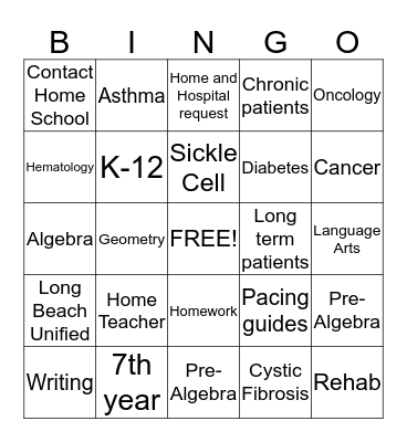 Hospital School Program Bingo Card