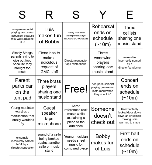 Showcase Concert Bingo Card