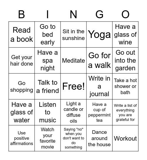 Self-Care Bingo Card