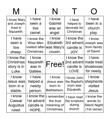 Christmas Minto Bingo Card