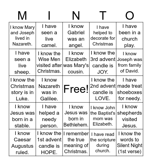 Christmas Minto Bingo Card