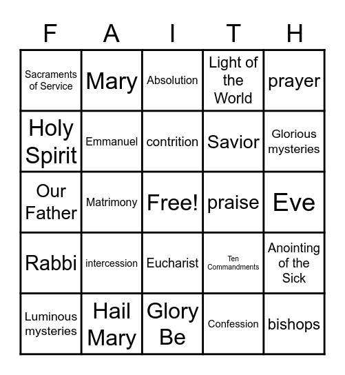 Second Grade Faith Formation Bingo Card