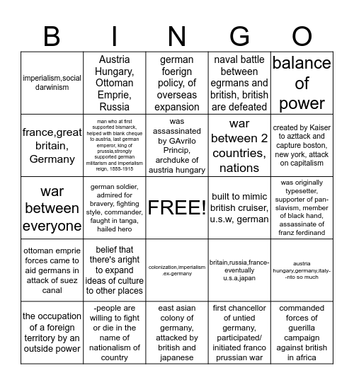 World War 1 Bingo Card