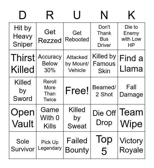 Fortnite Drunk Bingo Card