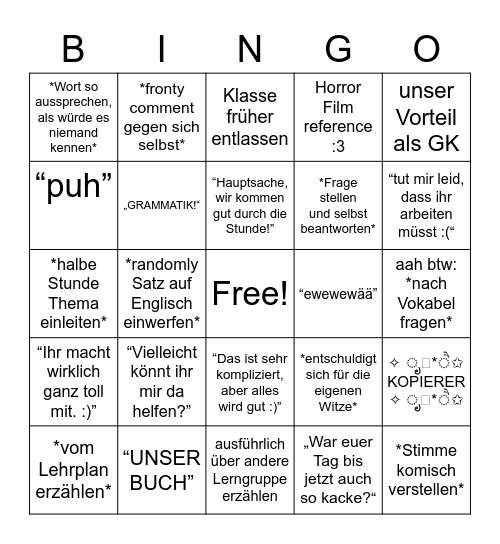 UHL Englisch Unterricht Bingo Card