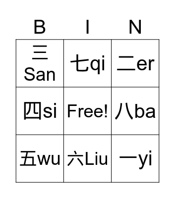 Chinese number Bingo Card