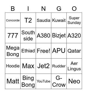 Airliners Live Bingo Card