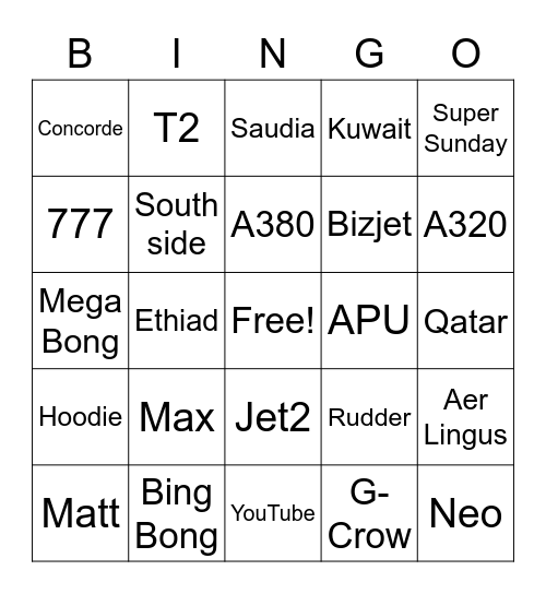 Airliners Live Bingo Card