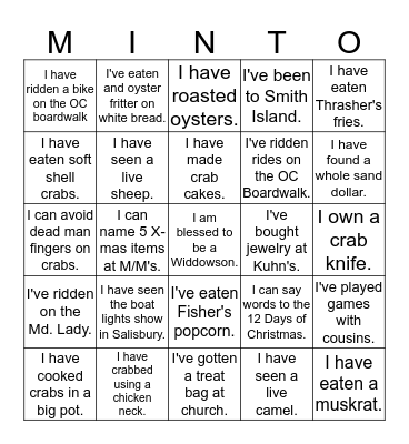 Maryland Minto Bingo Card