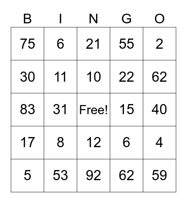 Number Bingo Card