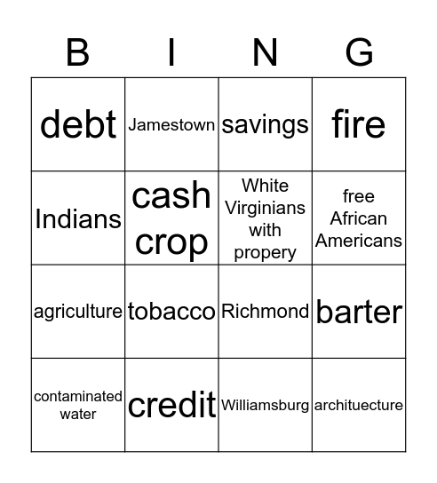 Colonial  Virginia Bingo Card