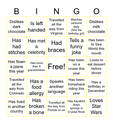 Zara's Sunshine BINGO Card