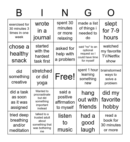 Stress Bingo Card