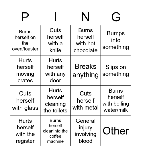 Ramen Injuries Bingo Card