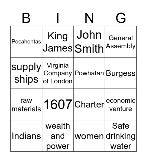 Jamestown Bingo Card