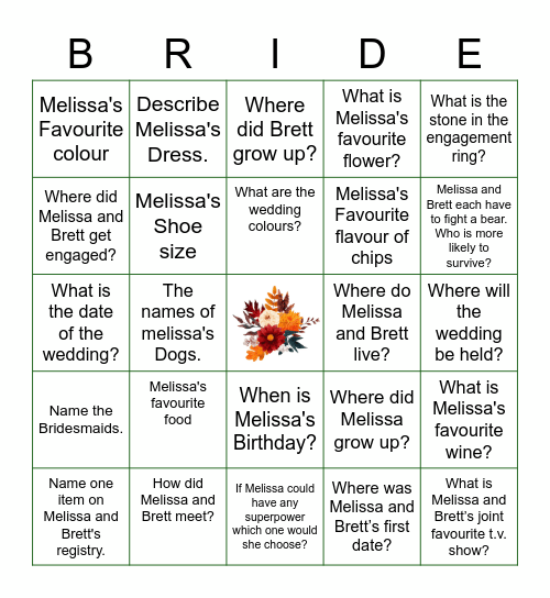 How Well do you know the Bride and Groom? Bingo Card