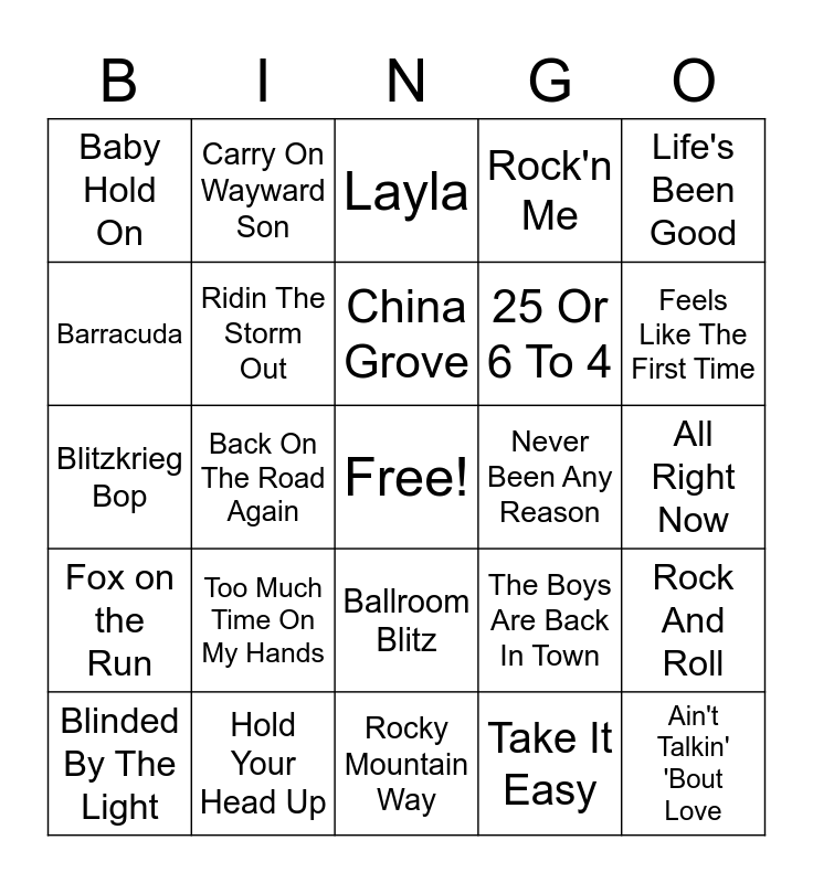 Classic Rock - 1970's - 01 Bingo Card