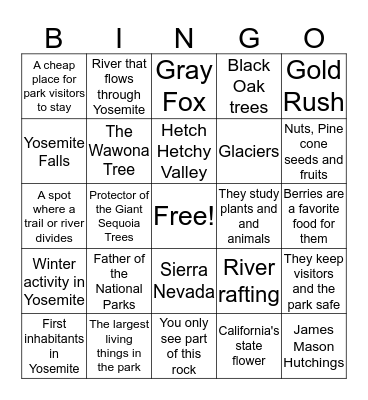 Yosemite Bingo Card