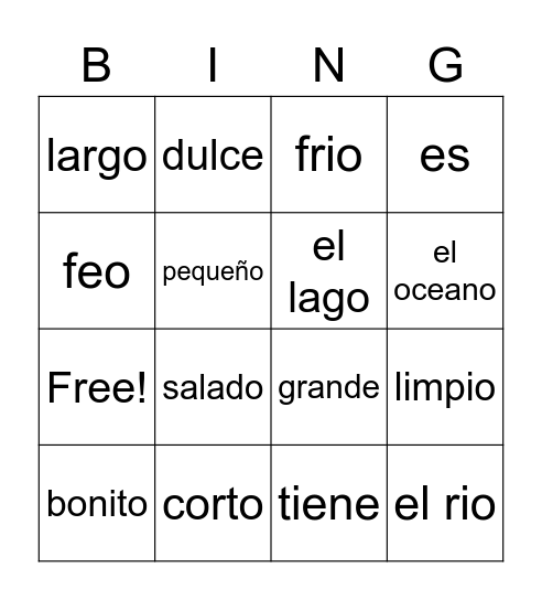 4to grado 1 y 2 vocabulario cuerpos de agua Bingo Card