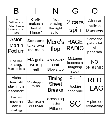 Saudi Arabian GP Bingo Card