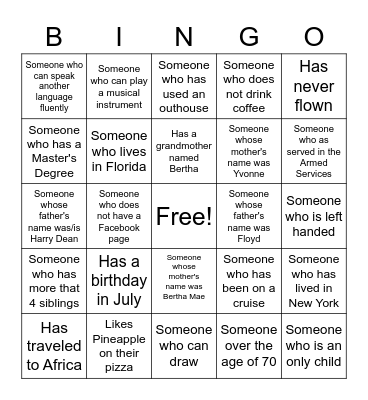 Williams Family  Reunion Bingo Card