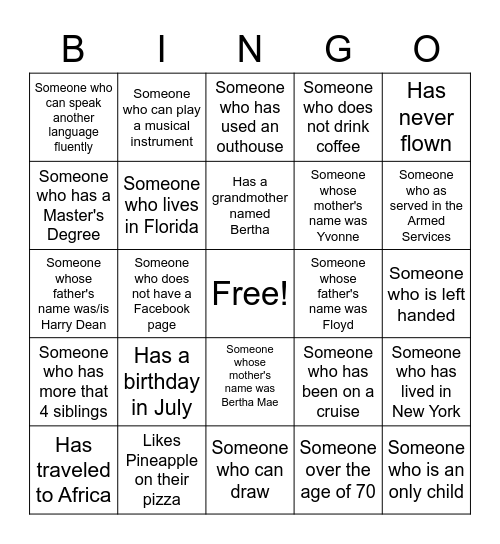 Williams Family  Reunion Bingo Card